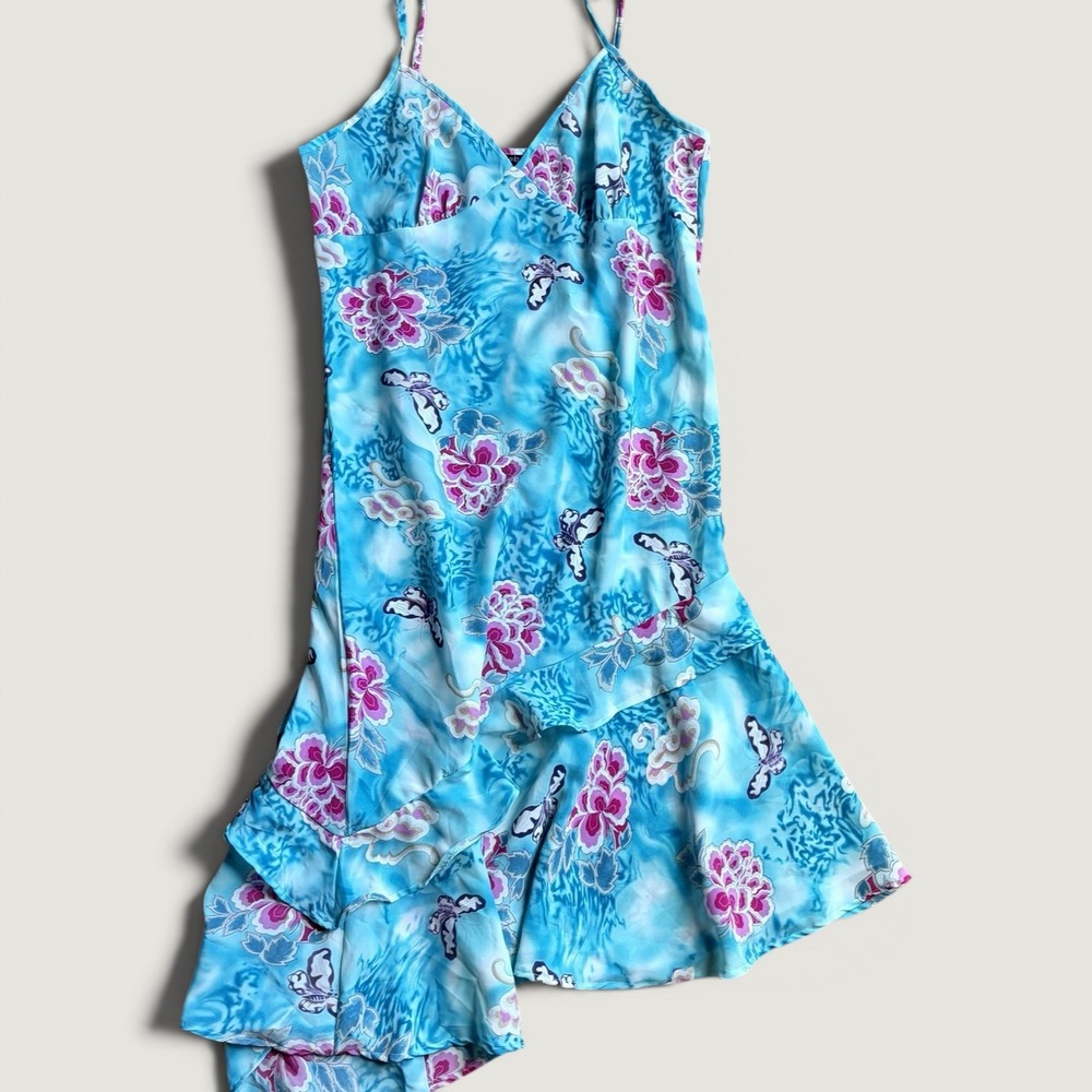 Mlle Gabrielle Y2K Tropical Ruffle Midi Slip Dress Blue Floral Butterfly Size 8 - Picture 1 of 8